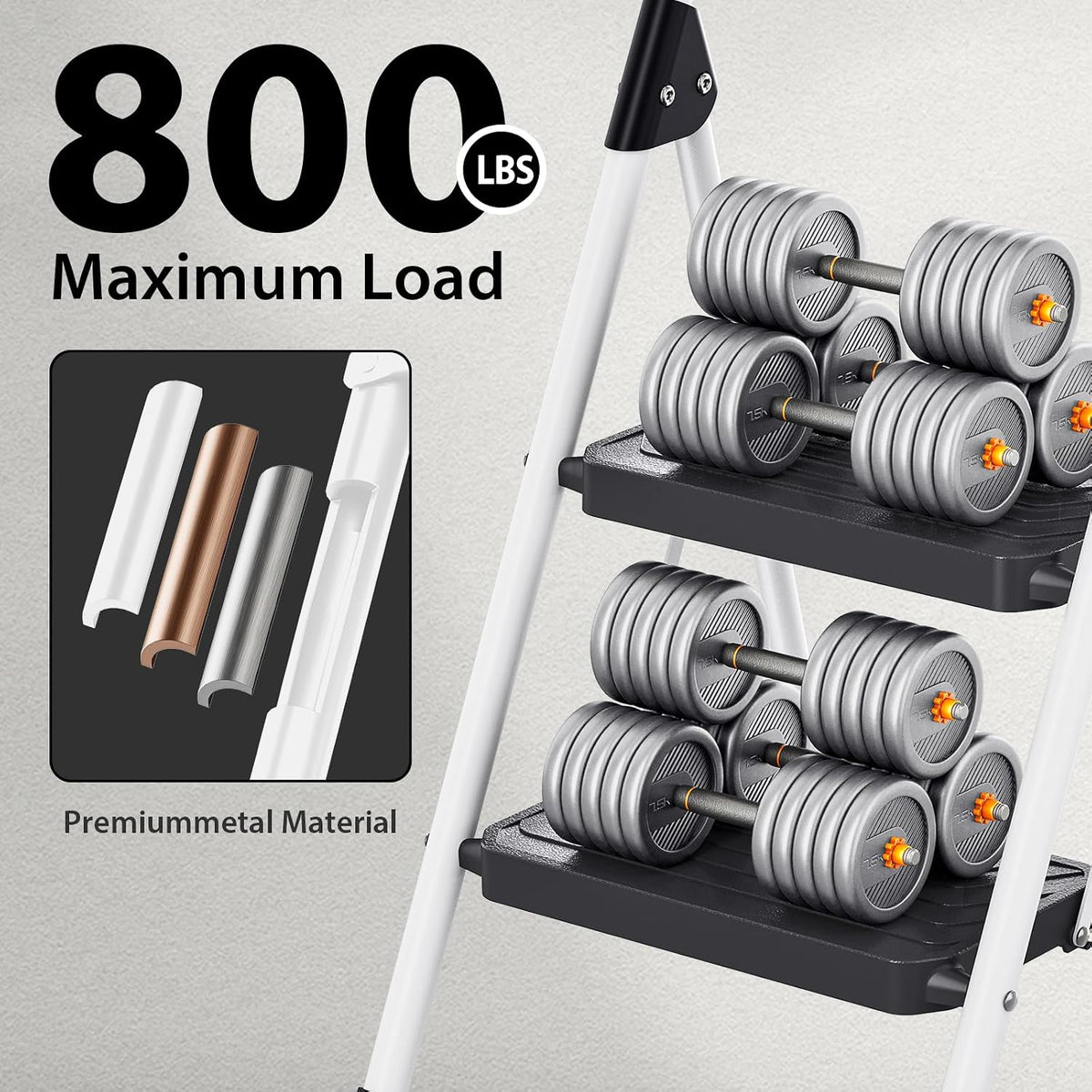 TOOLF 2 Step Ladder, Folding Portable Ladder with Anti-Slip Pedals, White