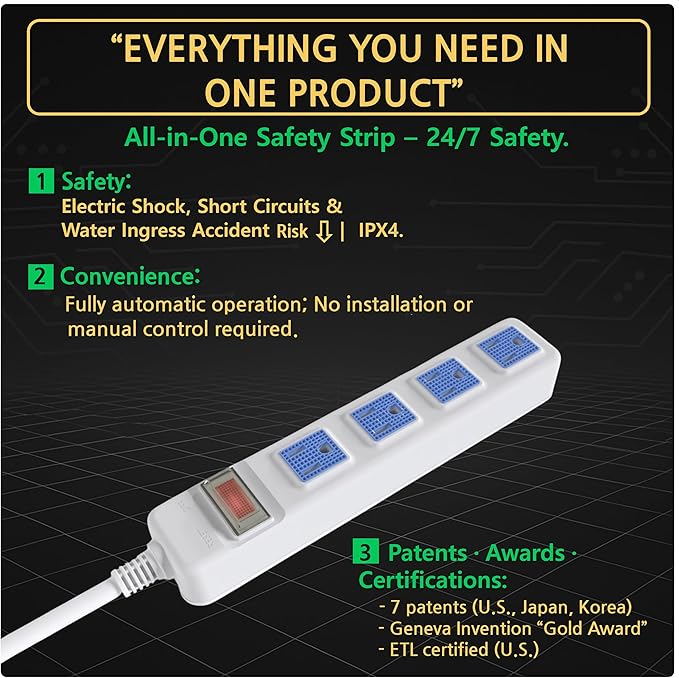 S.O.V Splashproof IPX4 Power Strip, Patented Zero-Current Auto Shut Off