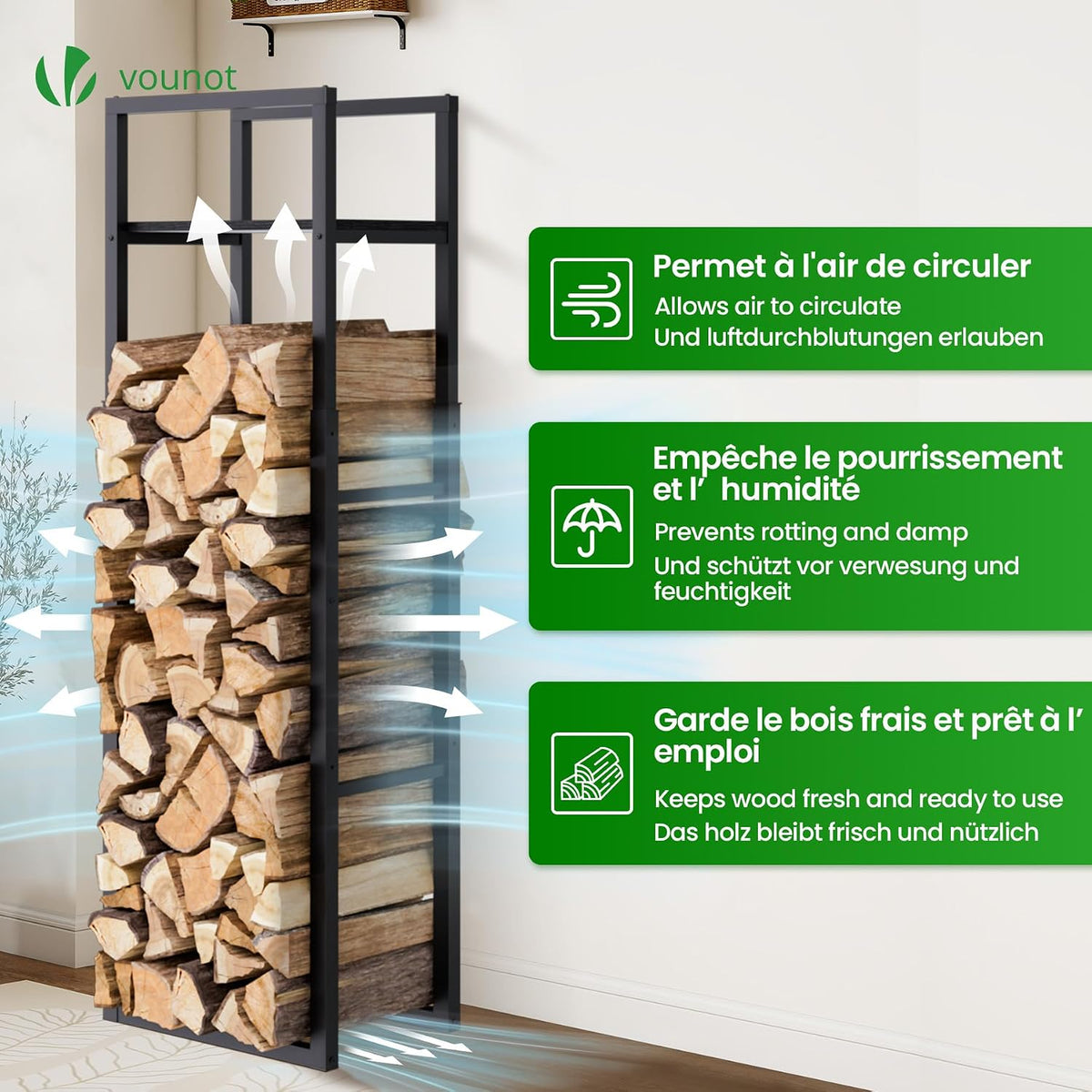 VOUNOT® Log Store Firewood Storage Rack with Adjustable Height 120/145/170 cm, Metal Wood Holder with Integrated Shelf, Heavy Duty Vertical Log Stand for Indoor and Outdoor Firewood Storage, Black