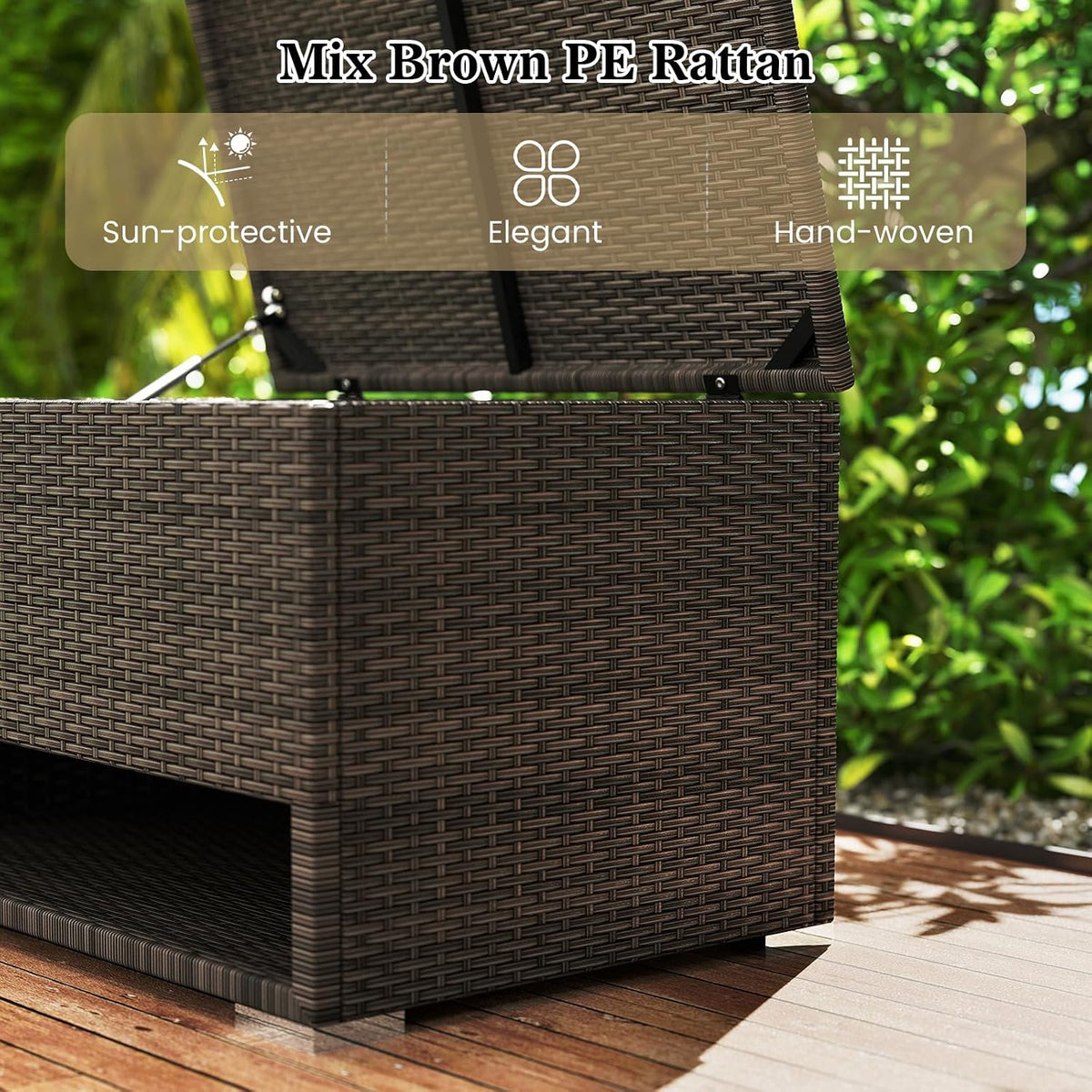Tangkula 48 Gallon Rattan Outdoor Storage Box with Shoe Rack, Outdoor Storage Bin with Protective Liner, PE Wicker Deck Box for Patio Cushion Furniture, Pool Supplies and Garden Tools (48 Gallon)