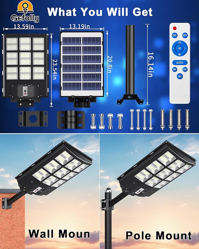 Gefolly SL-4600W Solar Street Light Outdoor 460000LM Wide Angle Commercial