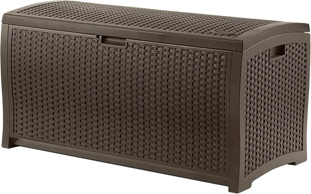 suncast resin wicker 99 gallon and 22 gallon shown in use