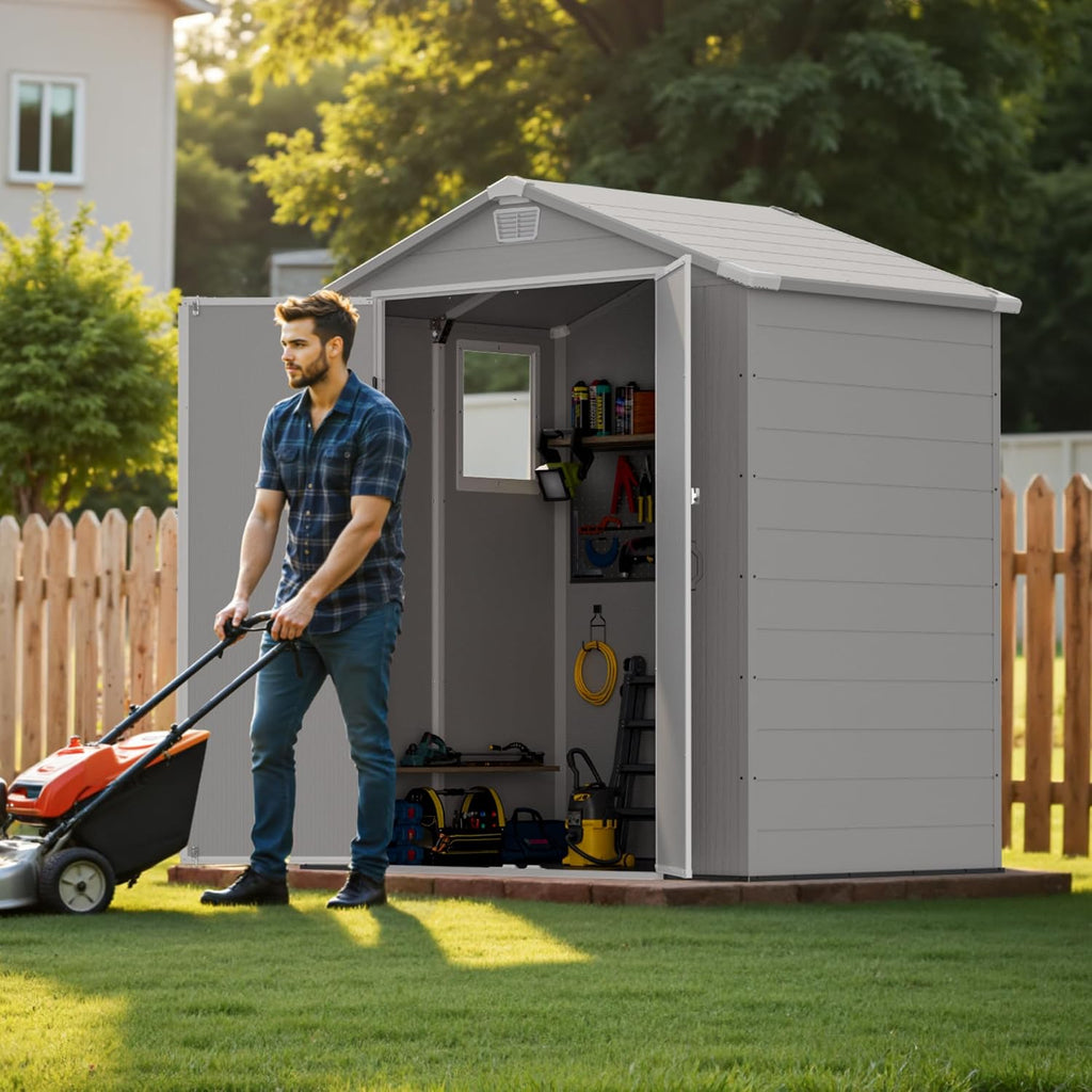 Greesum 6x4FT Plastic Outdoor Storage Shed with Floor, Light Gray