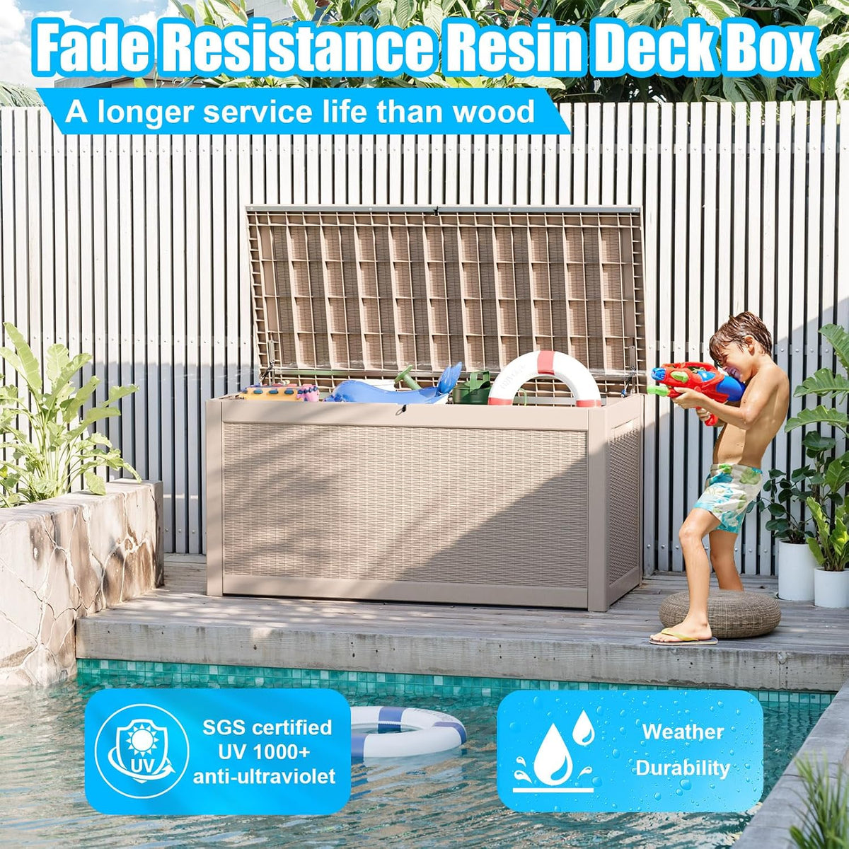 321 gal outdoor storage box lockable waterproof deck, close-up detail