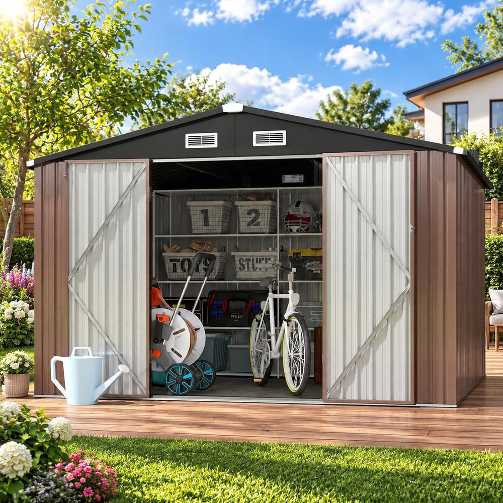 Aoxun 10x8 FT Metal Outdoor Steel Shed Brown