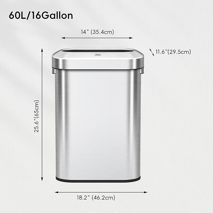 EKO Urban 16 Gallon/60 Liter Open Top Stainless Steel Slim Commercial Trash Can