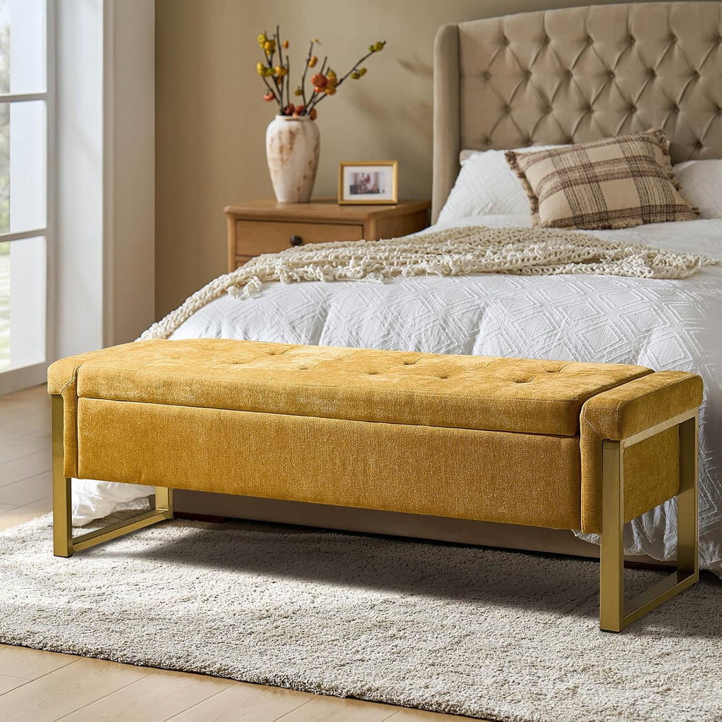 Modern Storage Ottoman Bench with Gold Metal Legs Upholstered Footrest End-of-Bed Bench with Hidden Storage, Hallway and Entryway Mustard