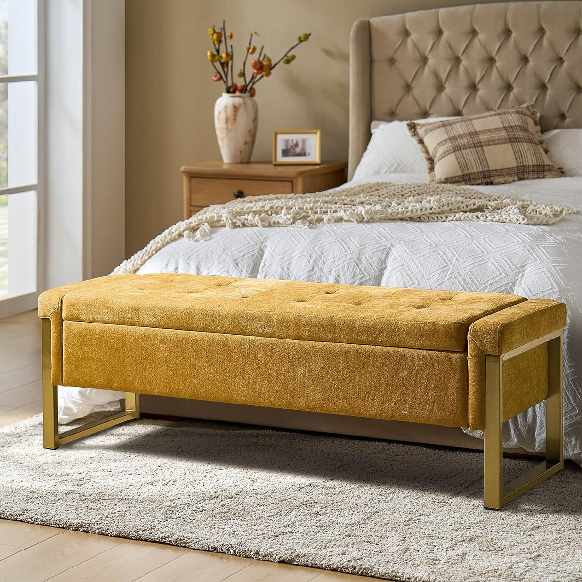 Modern Storage Ottoman Bench with Gold Metal Legs Upholstered Footrest End-of-Bed Bench with Hidden Storage, Hallway and Entryway Mustard