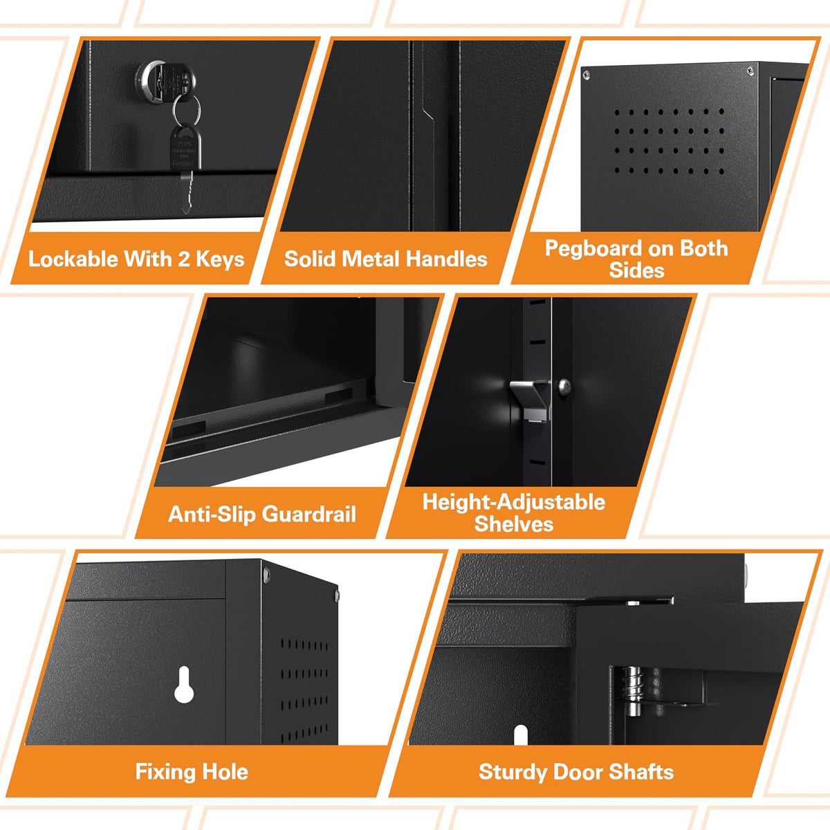 metal garage wall cabinet with 2 doors and, close-up detail