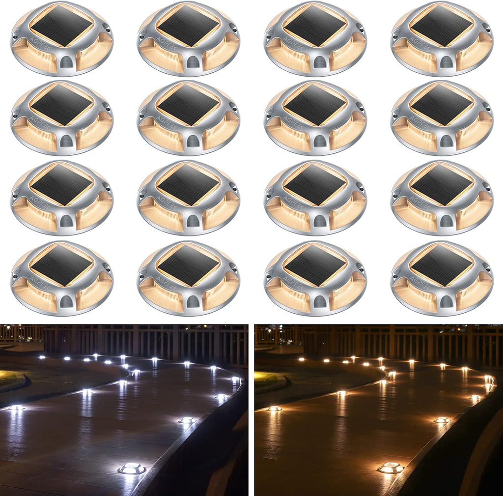 AGPTEK Solar Driveway Lights Outdoor 16 Pack, 2 Color Modes LED Deck Dock