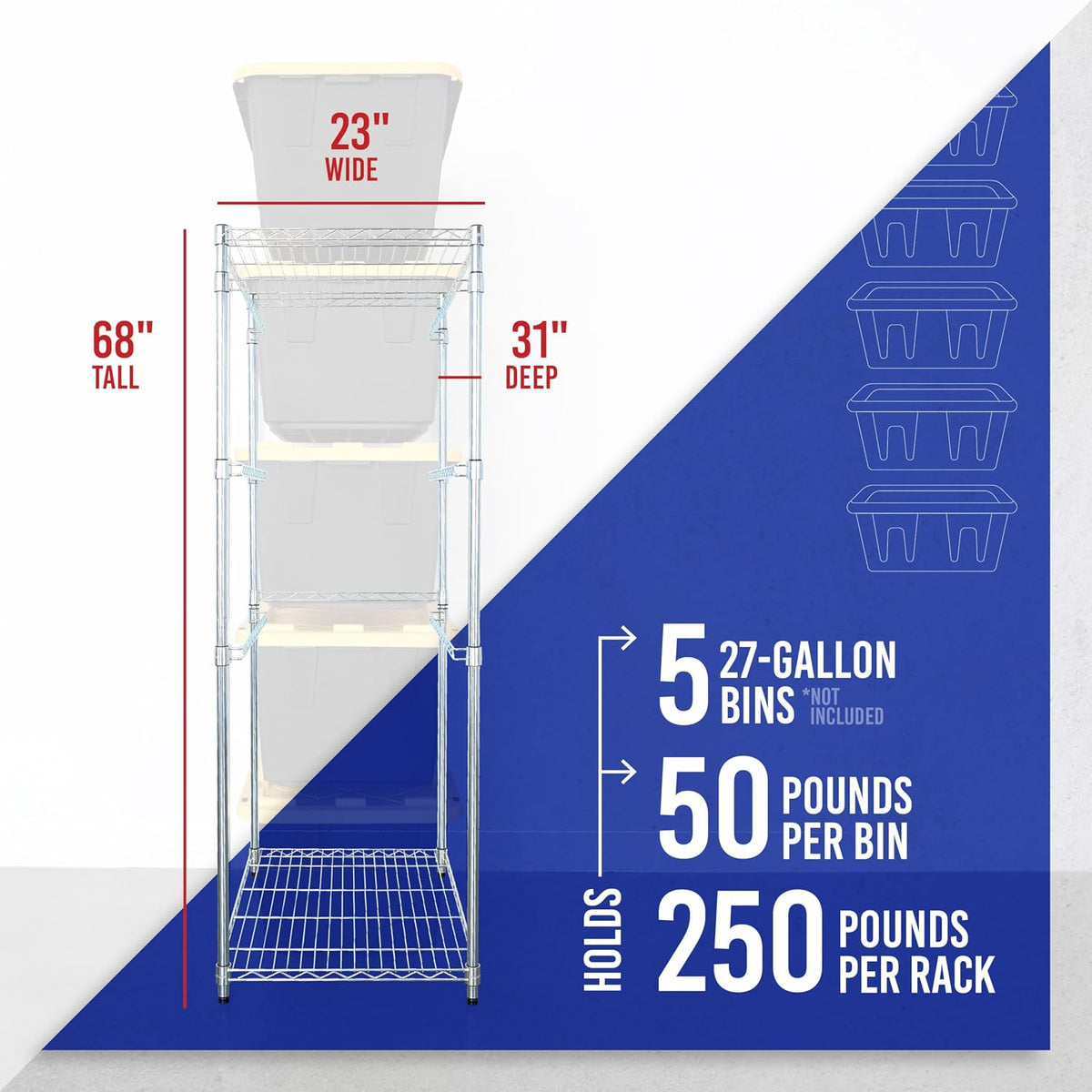 saferacks 5-tier steel tote rack for 27 gallon, side view