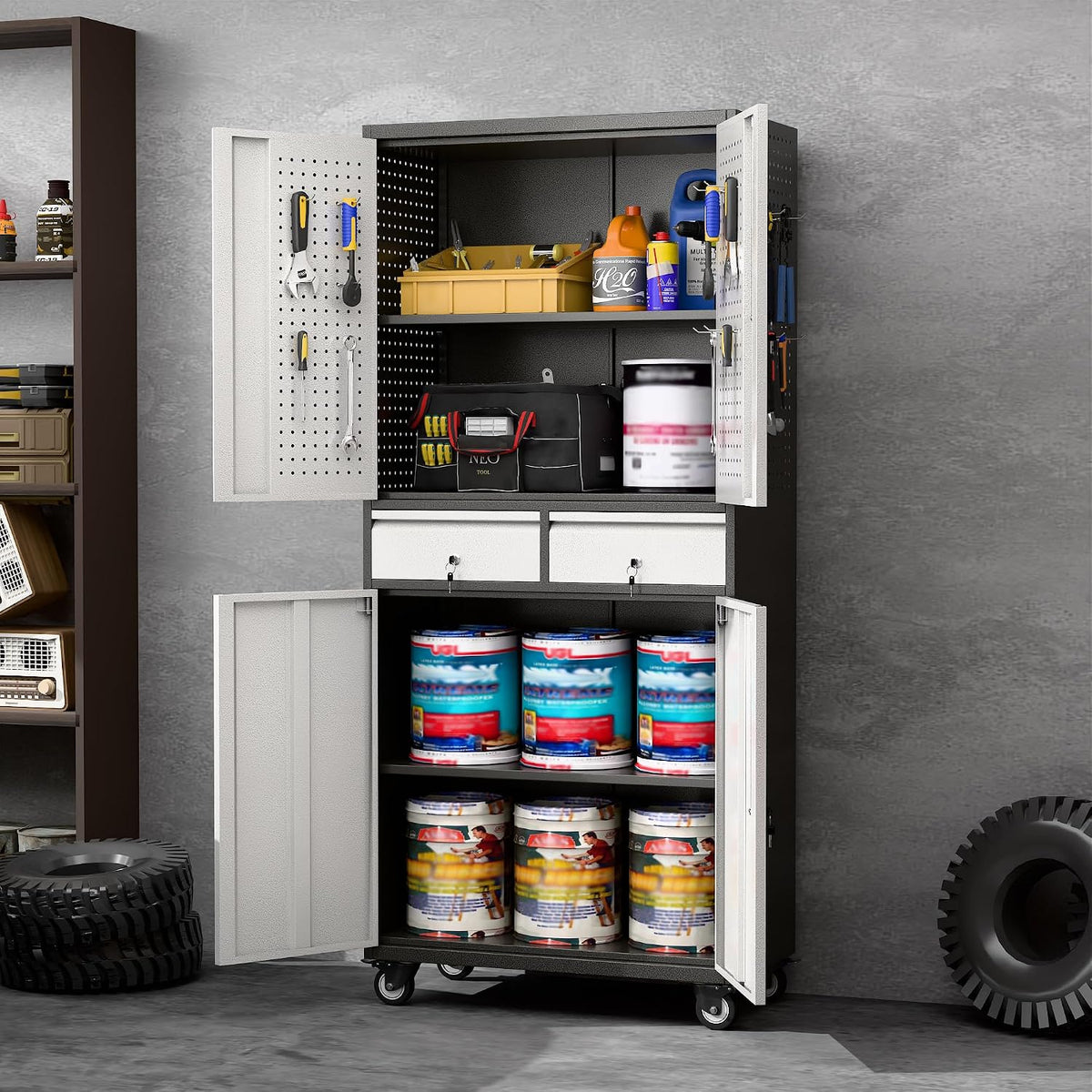 aobabo metal garage cabinet with 2 drawers, wheels shown in use