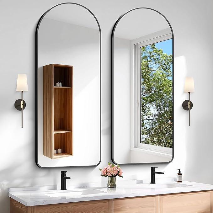 Arched Bathroom Mirror, Wall Mounted Mirror, Vanity Wall Mirror w/Metal Frame