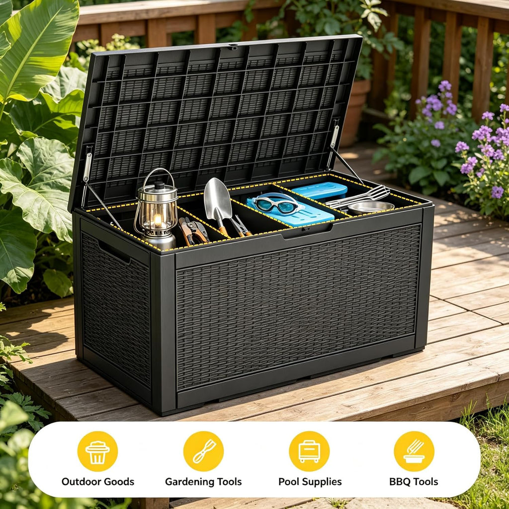 140 gal outdoor storage box waterproof lockable,deck box,gas showing dimensions