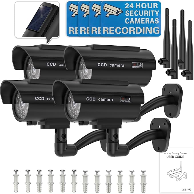 WALI Dummy Fake Camera, Solar Powered Fake Security Camera (4 Pack)