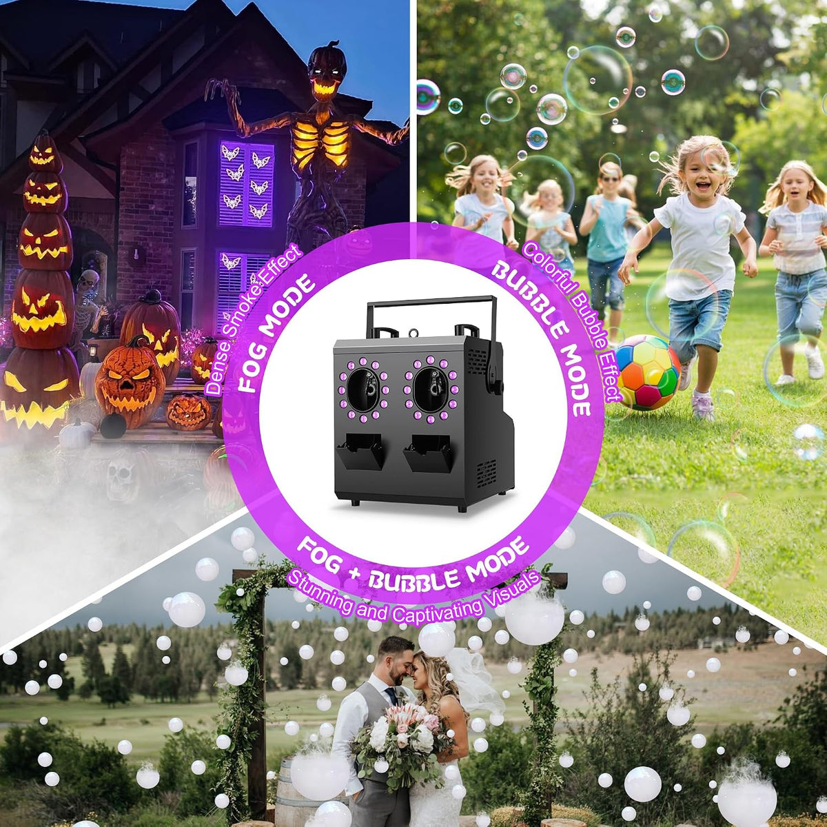 Fog Bubble Machine,1500W 3IN1 Smoke Bubble Machine with 24LEDs RGBW 4IN1 Lighting Effect Remote Control Timer Settings DMX512 for Halloween Birthday Parties Wedding Show Festival Stage