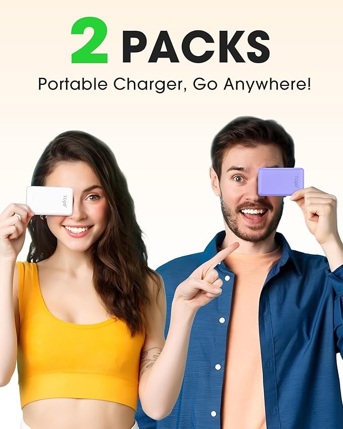 TG90° 2 Pack 5000mAh Power Bank, Small Portable Charge Built-in AC Plug and