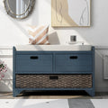 SOFTSEA Storage Bench with Drawers and Basket, Farmhouse Shoe Bench with Seating and Cushion for Hallway Entryway Living Room, Full Assembled, Navy