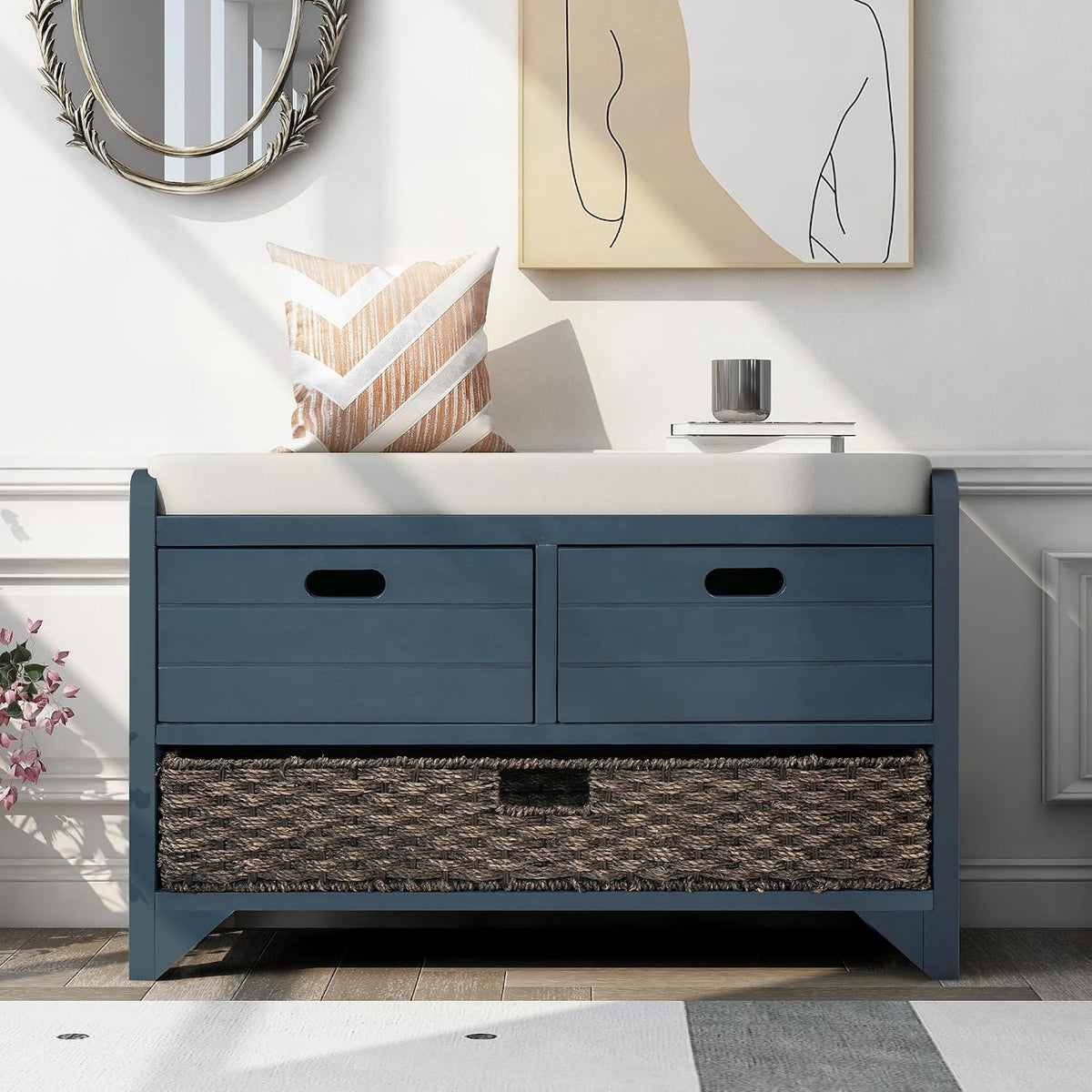 SOFTSEA Storage Bench with Drawers and Basket, Farmhouse Shoe Bench with Seating and Cushion for Hallway Entryway Living Room, Full Assembled, Navy