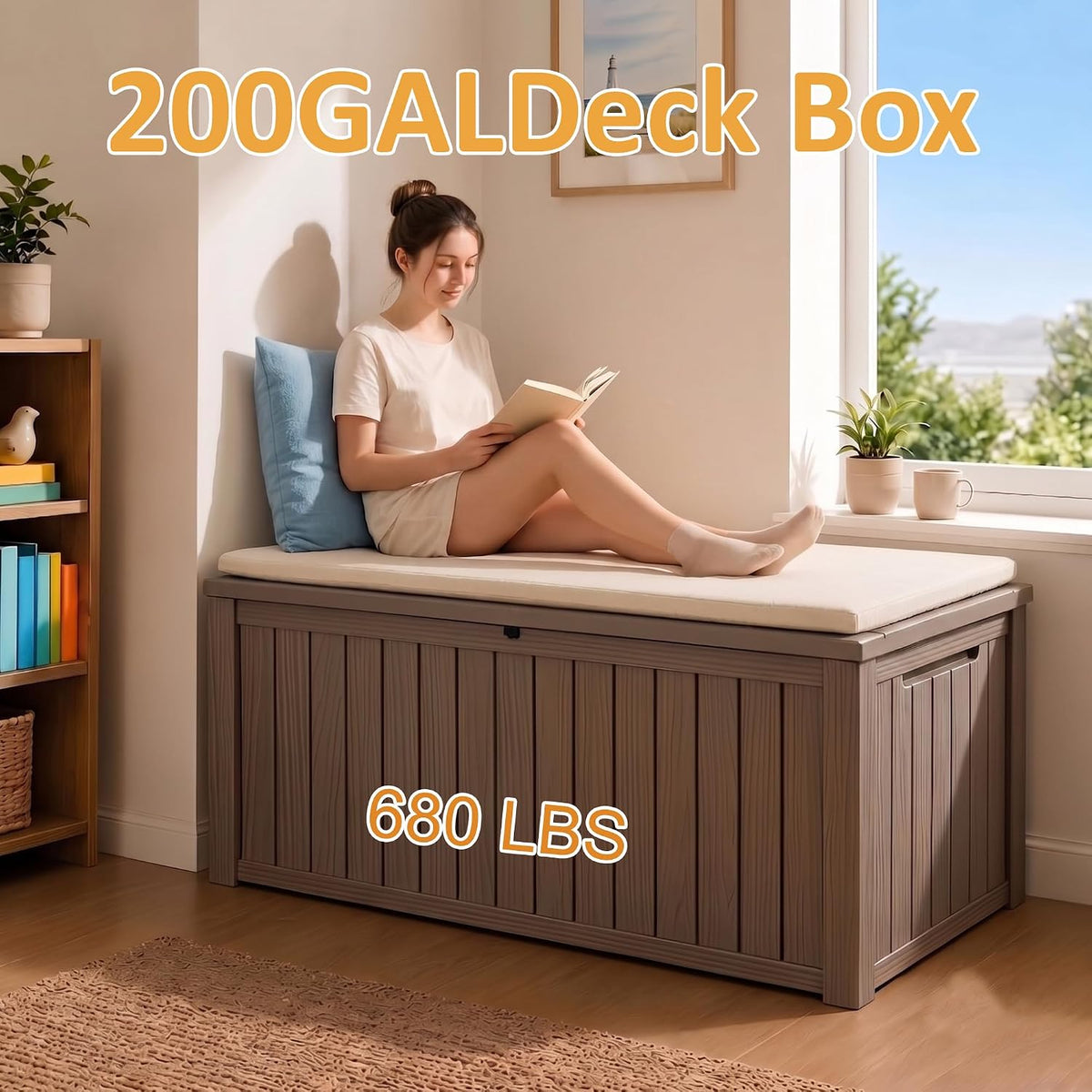200gal lockable waterproof deck box, sturdy bench for shown in use