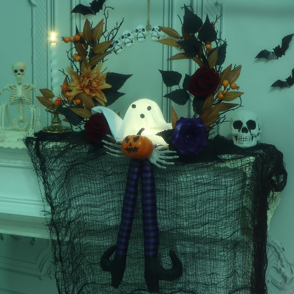 28Inch Length Halloween Wreath for Front Door, Gothic Lighted Fall Wreath