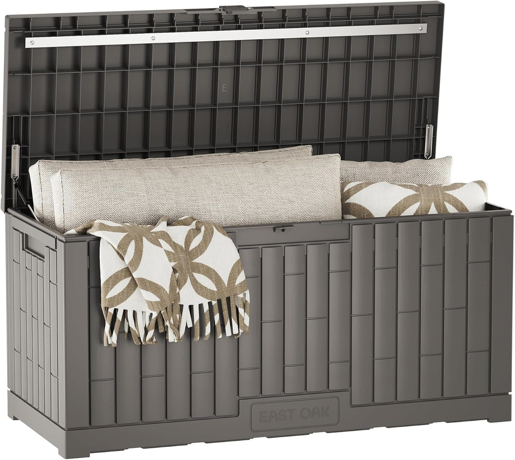 EAST OAK 120 Gallon Outdoor Storage Box | Large Resin Deck Box with Reinforced Stainless Steel Support | Waterproof & UV-Resistant Patio Storage Box for Cushions, Garden Tools & Accessories, Grey