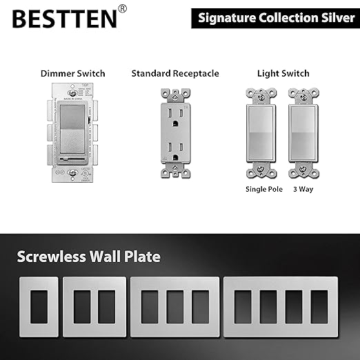 BESTTEN 10 Pack Matte Silver Dimmer Light Switch, Single Pole or 3-Way