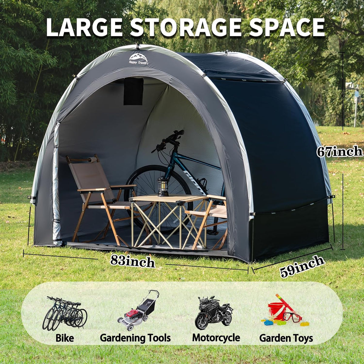 happy travel outdoor waterproof bike storage tent shed shown in use