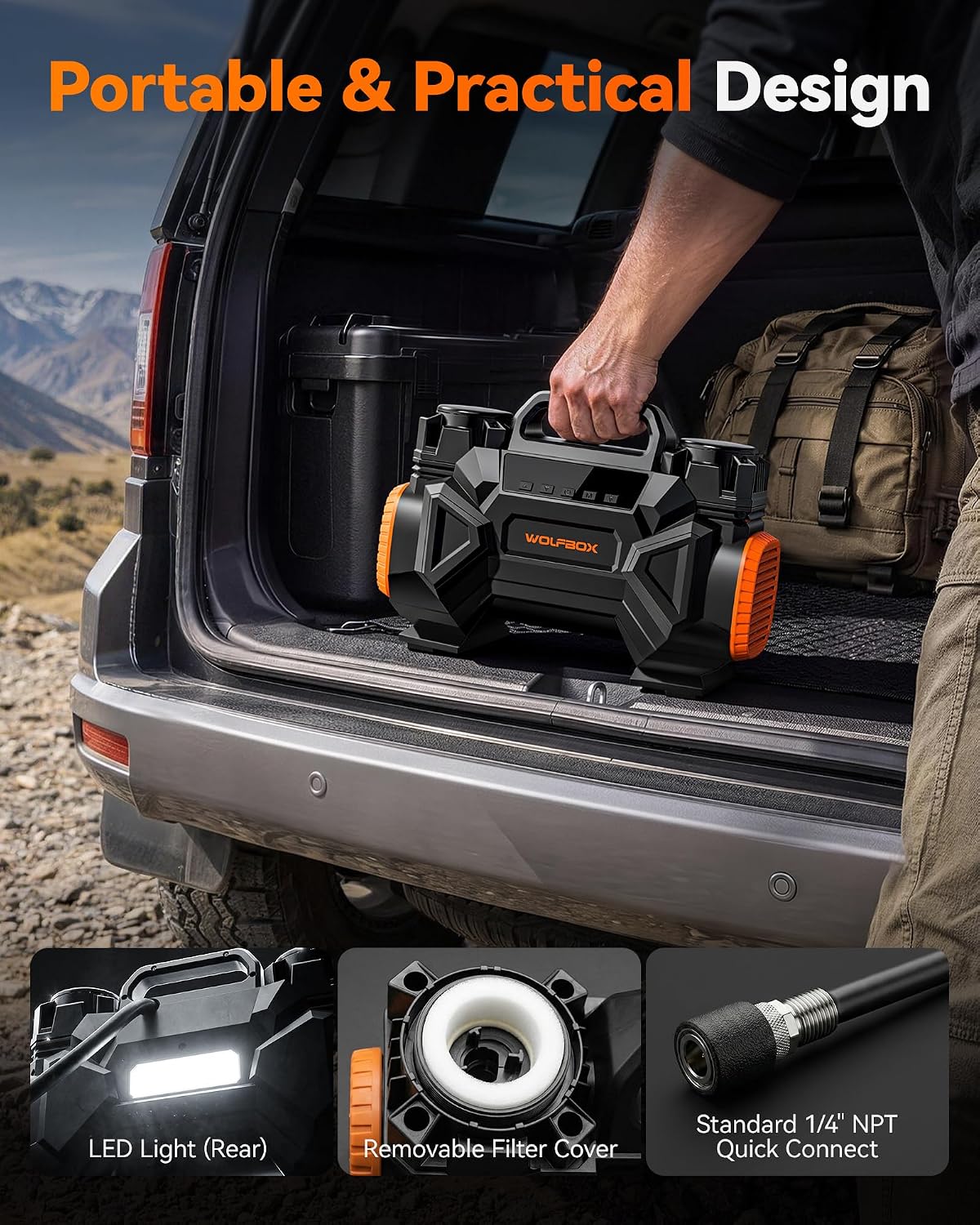 WOLFBOX HyperFlow60D 12V Portable Air Compressor, 60-Minute Runtime Offroad Air Compressor, 150 PSI Heavy Duty Tire Inflator with Auto Stop, Dual Cylinder Air Pump for Off-Road,4x4 Vehicle,Pickups,RVs