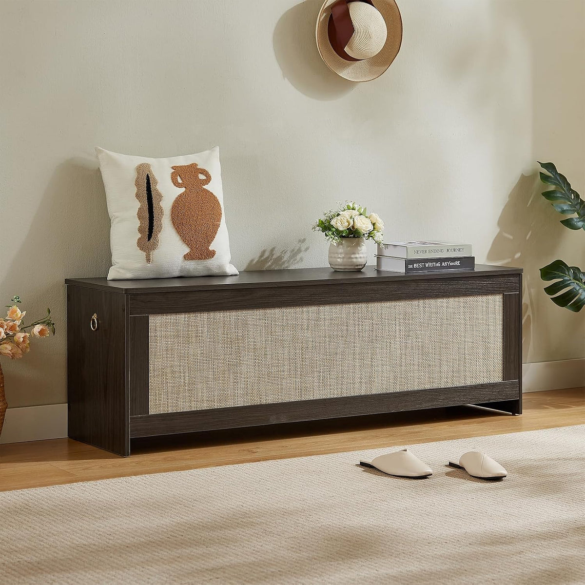 55.1"Storage Chest extra large,Rattan storage bench(Obsidian Black)