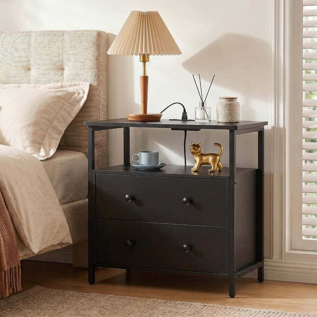Edbuosy 27" Wide Nightstand with Charging Station & 2 Drawer, Black