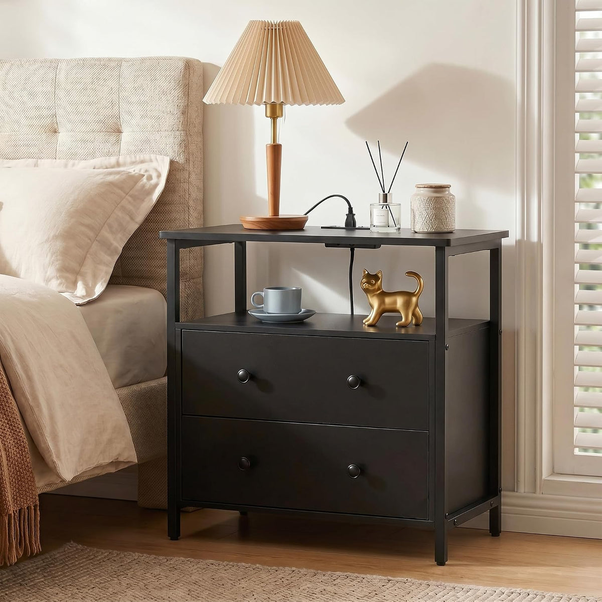 Edbuosy 27" Wide Nightstand with Charging Station & 2 Drawer, Black