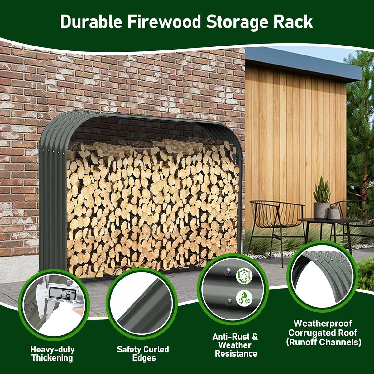 ANLEOLIFE Element 59" Extra-Wide Outdoor Firewood Rack with Steel Roof