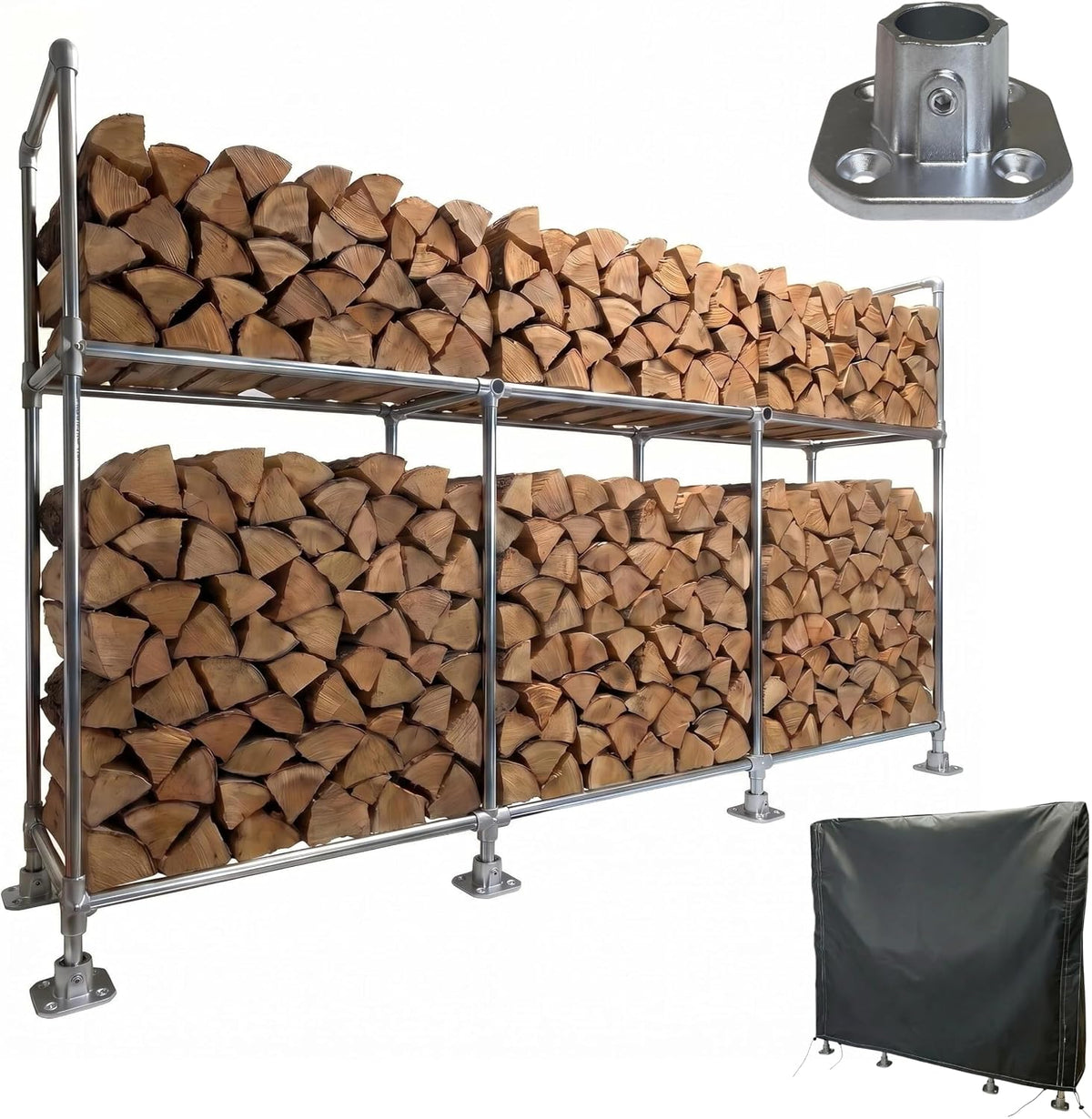 8ft Heavy Duty Firewood Rack Outdoor with Cover,2-Tier,8 Aluminum Base Feet