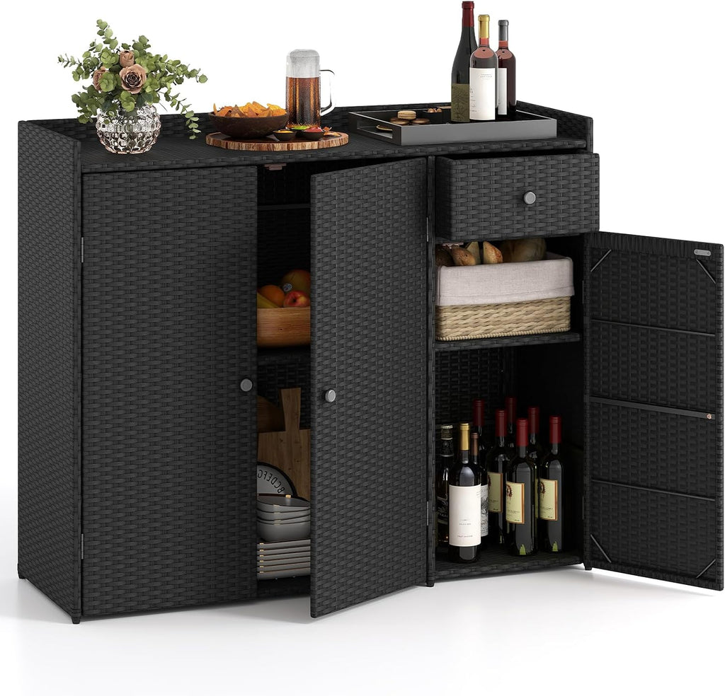 Tangkula Rattan Outdoor Storage Cabinet with 2 Adjustable Shelves