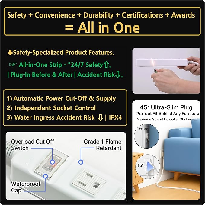 S.O.V Splashproof IPX4 Power Strip, Patented Zero-Current Auto Shut Off