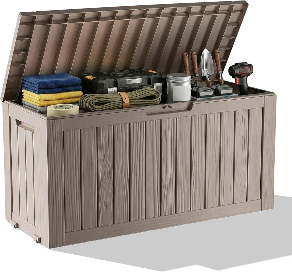 Outdoor Waterproof Resin Storage Deck Box Lockable Outside Bench UV Resistant Bin Patio Porch Furniture Pool Float Garden Tool Cushion (Grey, 150 Gallon)