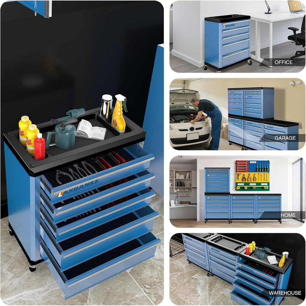 larbanke 5-drawer rolling tool chest with wheels,lock&key,blue tool on a desk or shelf