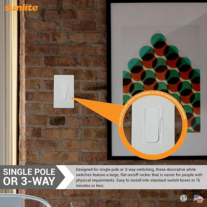 Sunlite LED Wall Rocker Style, Slide Bar Triac Dimmer Switch, Screwless Wall (4 Pack)