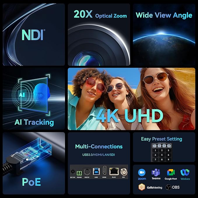 TONGVEO 4K NDI PTZ Camera AI Auto-Tracking 20X Optical Zoom HDMI IP Live