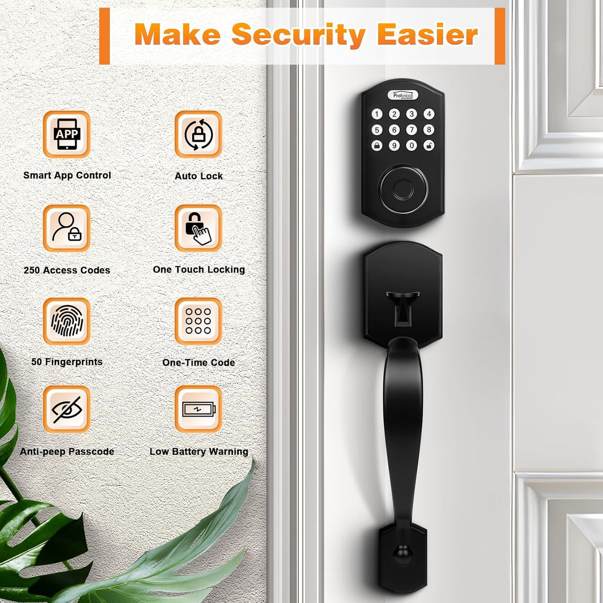 Probrico Smart Keyless Entry Door Lock Smart Locks for Front Door, Keypad Door Lock with Handle Fingerprint Deadbolt with Handle