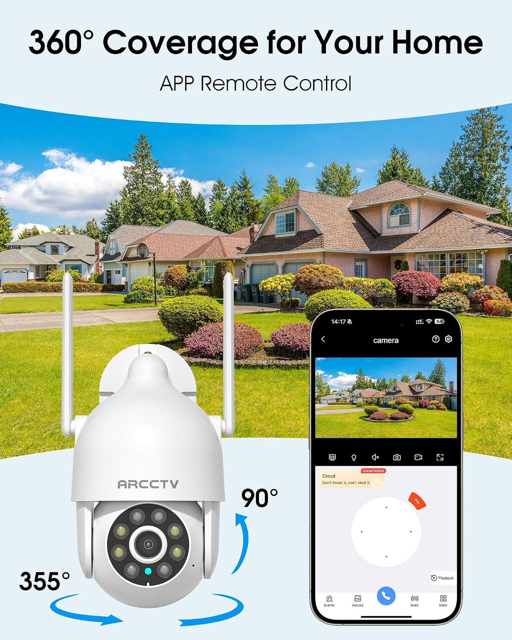arcctv 2.5k hd security cameras outdoor plug-in, 360°pan-tilt shown in use