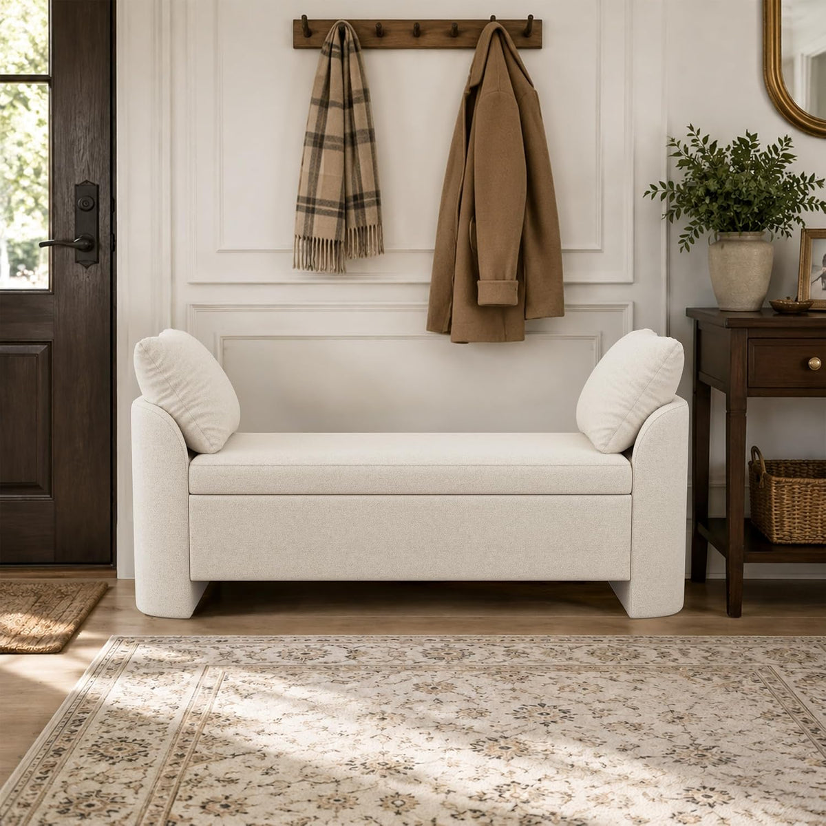 usaint 58.3" upholstered storage ottoman bench with 2 on a desk or shelf