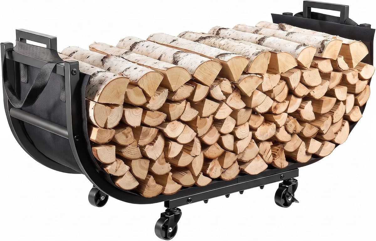 YQBRAO 32-Inch Firewood Rack, Rolling Firewood Cart with Log Carrier Bag