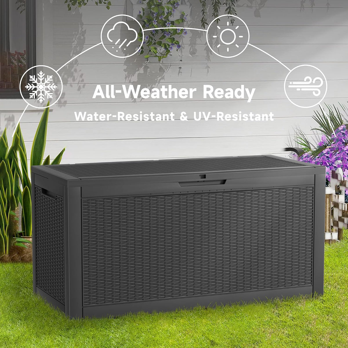 rojik 150 gallon waterproof outdoor deck storage box, close-up detail
