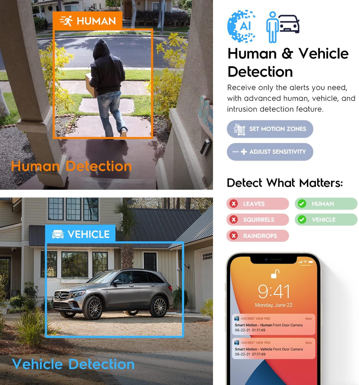 amcrest 5mp ip poe ai camera w/ 49ft, close-up detail
