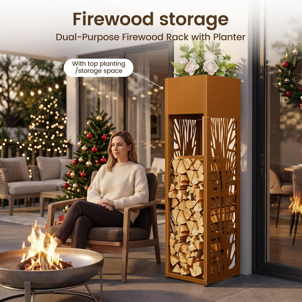 4ft firewood rack outdoor, fire wood log storage shown in use