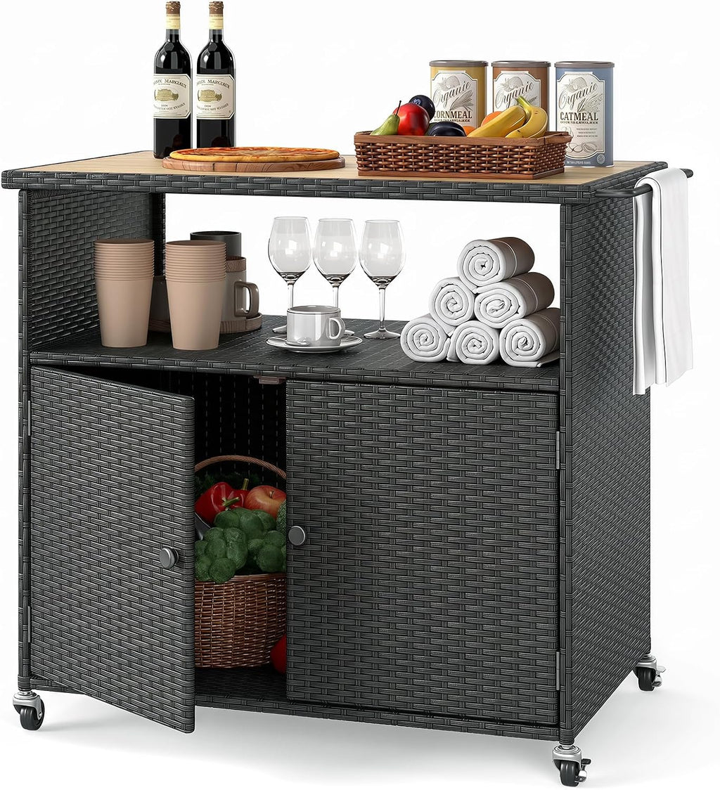 HAPPYGRILL Outdoor Storage Cabinet with Wheels, PE Rattan Deck Box (Black)