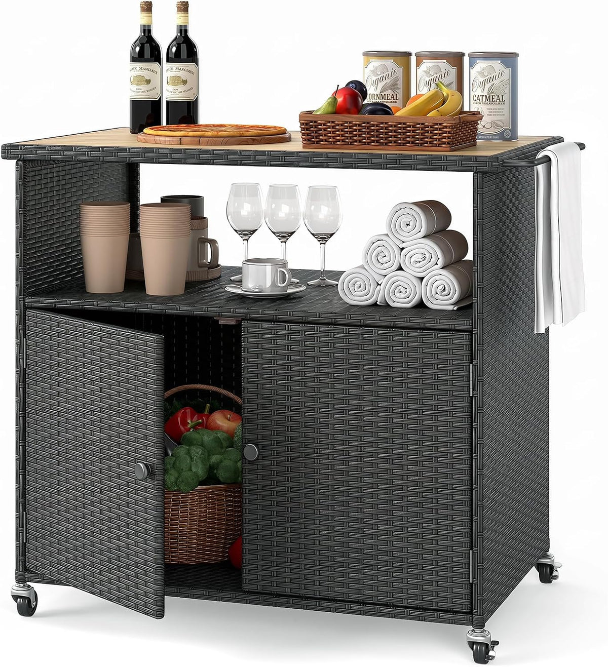 HAPPYGRILL Outdoor Storage Cabinet with Wheels, PE Rattan Deck Box (Black)