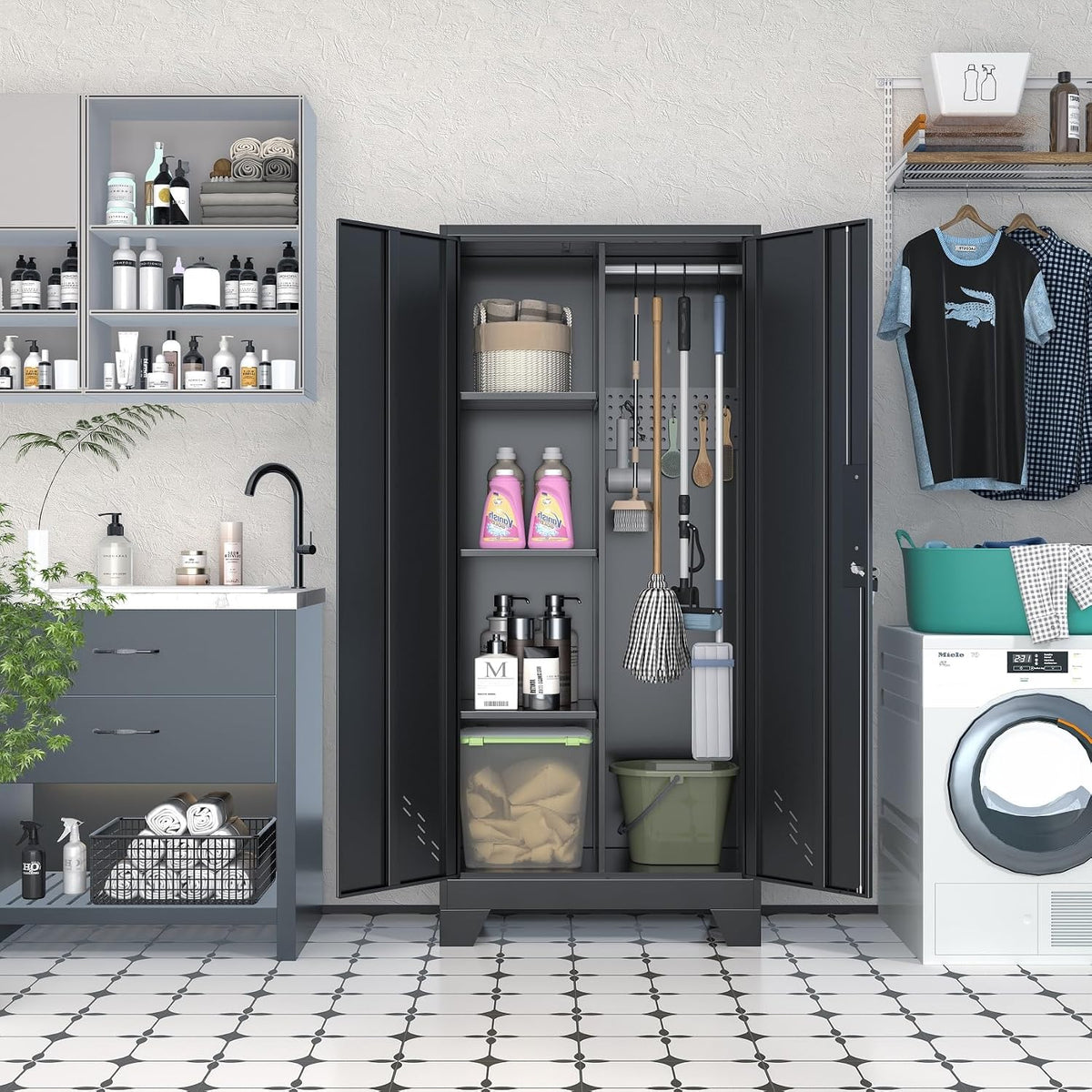 oseillc garage storage cabinet, broom closet storage cabinet shown in use